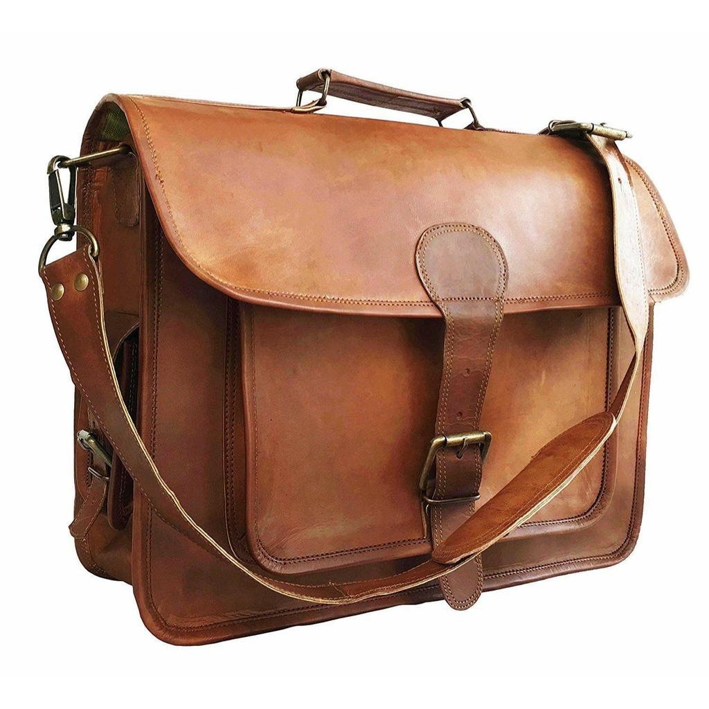 New Men Real Goat Leather Vintage Brown Messenger Shoulder Laptop Bag Briefcase