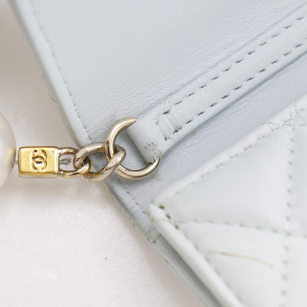 CHANEL Pearl strap flap wallet Shoulder Bag AP1838 Matelasse light blue leather/Fake pearl Women Used
