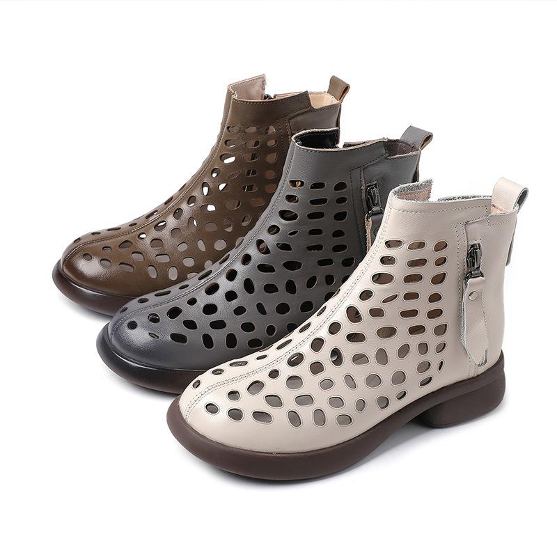 Fashion GKTINOO 2025 Summer Ankle Boots Genuine Leather Shoes Women Mid Heels Sandals Side Zip Boots Cutout Breathable Mujer Zapatos