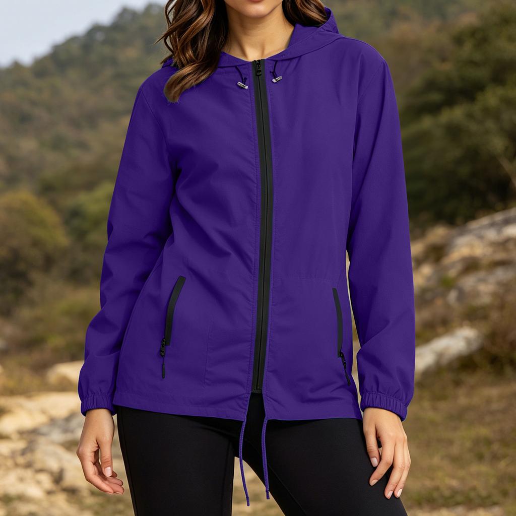 Women's Plus Size Lightweight Hooded Jacket Long Sleeve Zip Up Foldable Windbreaker with Storage Bag Outdoor Casual Coat