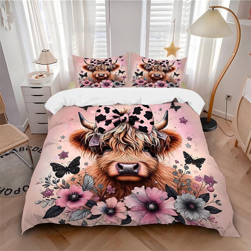 3pcs Domineering Cow & Flower Design Pattern Bedding Set, 1* Cover + 2*Pillowcases, Printed Bedding Set, Soft and ComfortableM051
