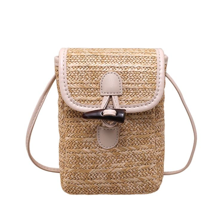 Beige straw woven with brown edges with horn buttons flip-top phone small bag белый