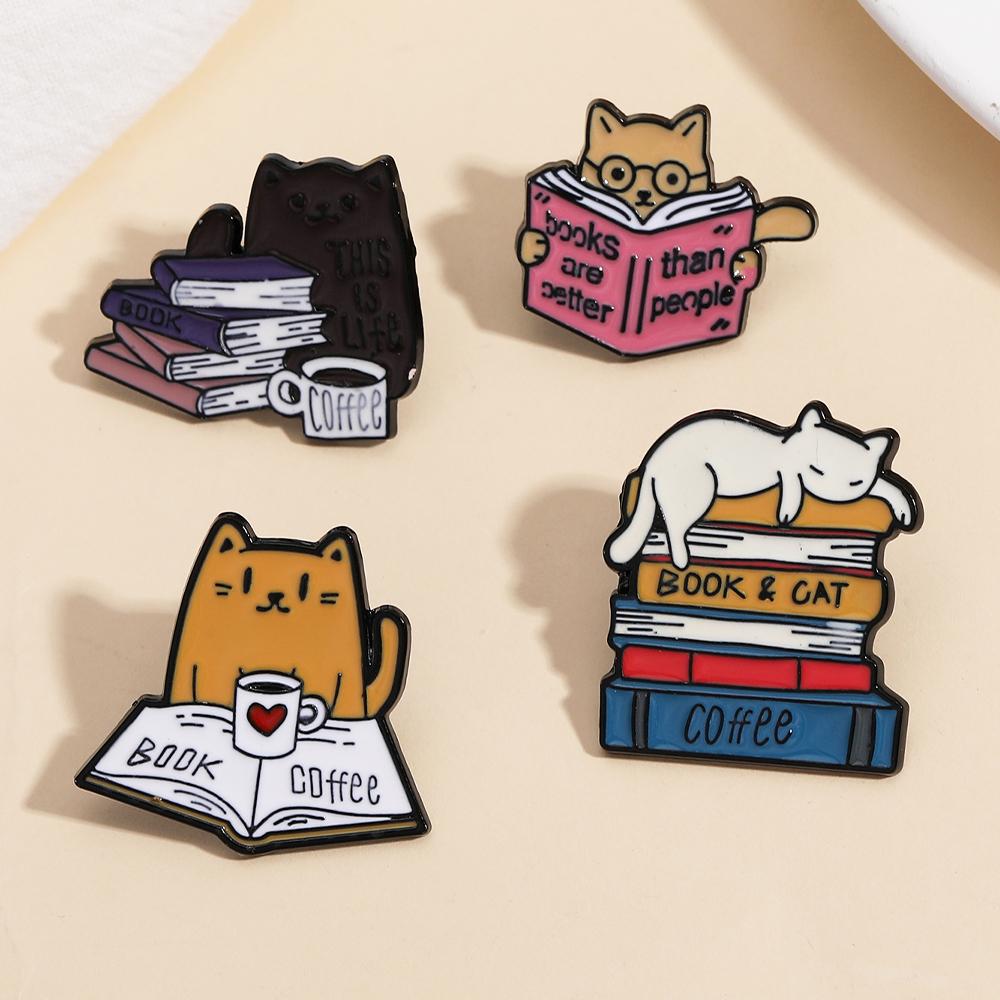 4 Styles Cute Cat &Book And Coffee Design Enamel Brooches Kitten Kitty Reading Drinking Enamel Pins For Pet Lovers Gif T
