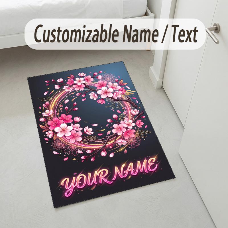 Floral Garden Theme Crystal Velvet Rug Personalized Custom Name Text Soft Floor Mat Home Decor