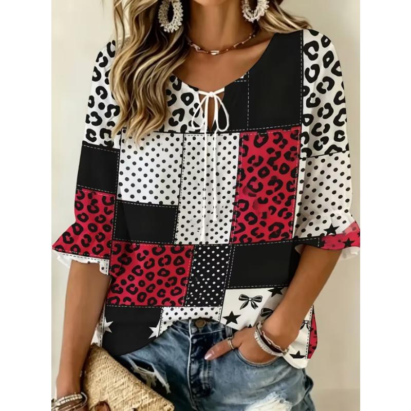 Women's elegant printed lace-up flared top, stylish and versatile, comfortable and skin-friendly