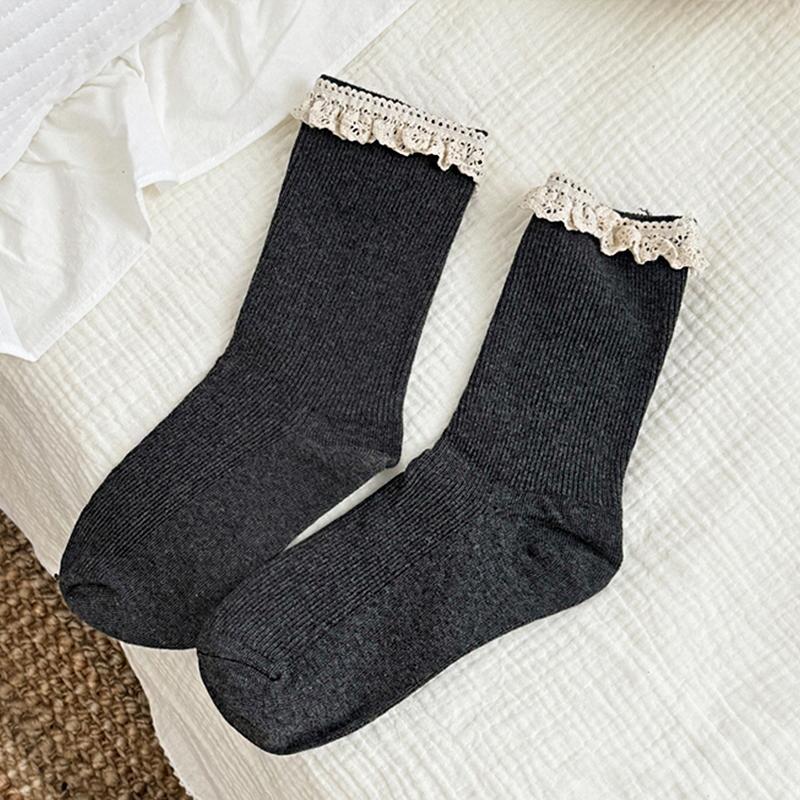 

1 пара ретро теплых полосатых стильных носков до середины икры, милые кружевные однотонные носки с оборками, минималистичные, удобные