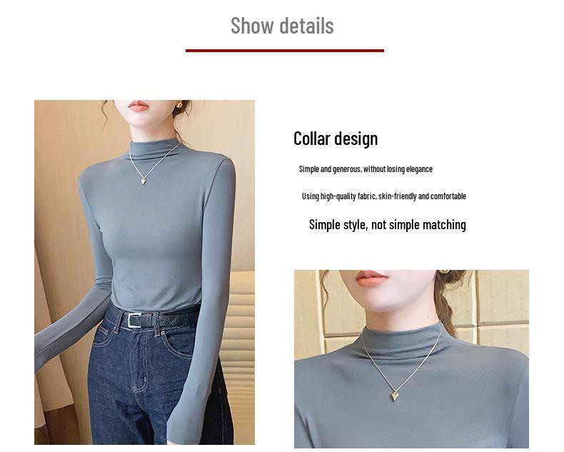 Women's Black Mid-Neck Modal Base Layer Top - 2024 Long Sleeve Slim Fit for All Seasons