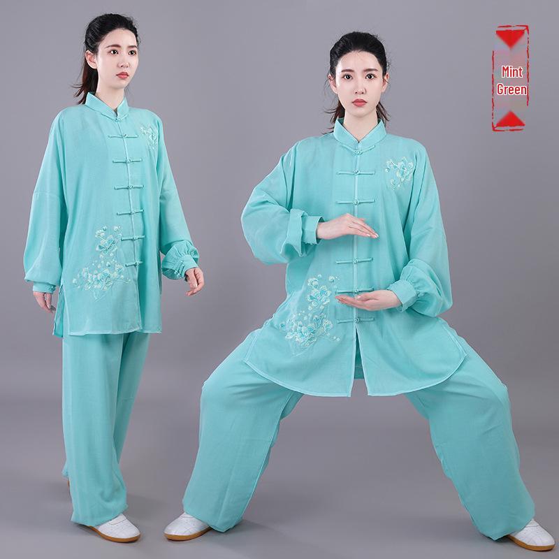 Damski Haftowany Garnitur Tai Chi - Wiosna/Jesień Płynna Bawełna Lniana, Długi Rękaw Kung Fu do Występów, Styl Chiński