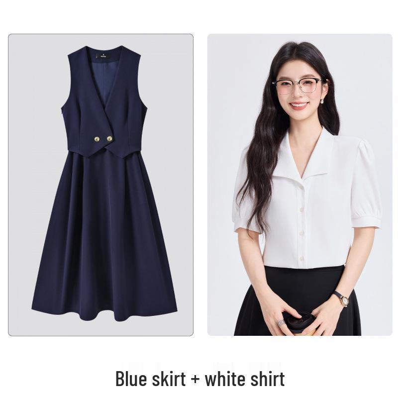 Age-Defying Preppy Vest Dress Set for Female College Students - Ideal for Exams & Interviews, Includes Shirt and Vest Dress