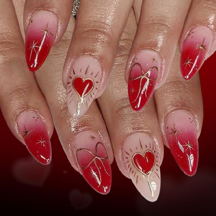 

Glossy Press On Nail 24PCS Valentine Red Gradient Heart Bows Pattern False Nail Artificial Fingernails for Women Girl 1