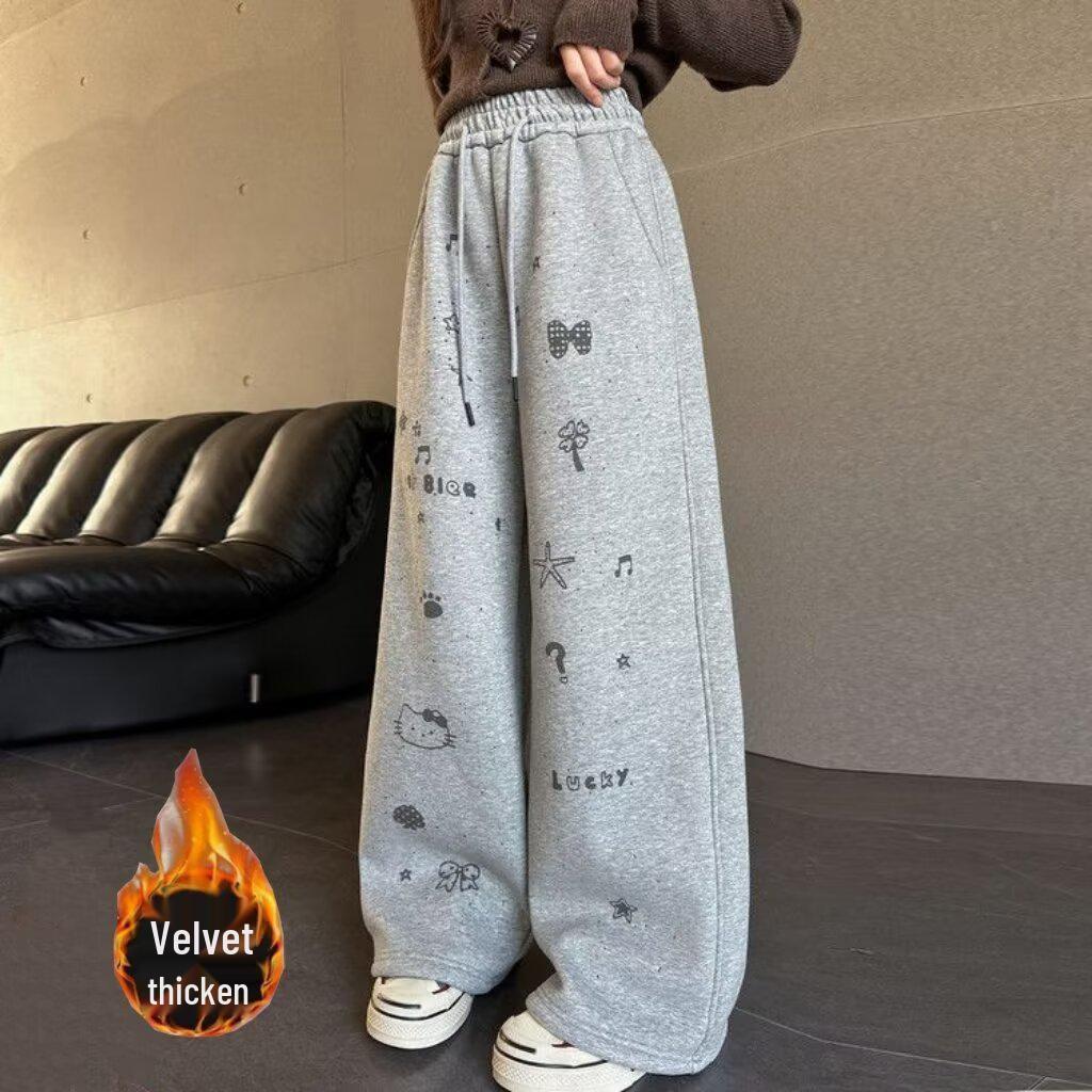 Girls' Black Velvet-Lined Sweatpants - Autumn/Winter 2025 Collection - Straight Leg Style for Older Children and Junior High Students