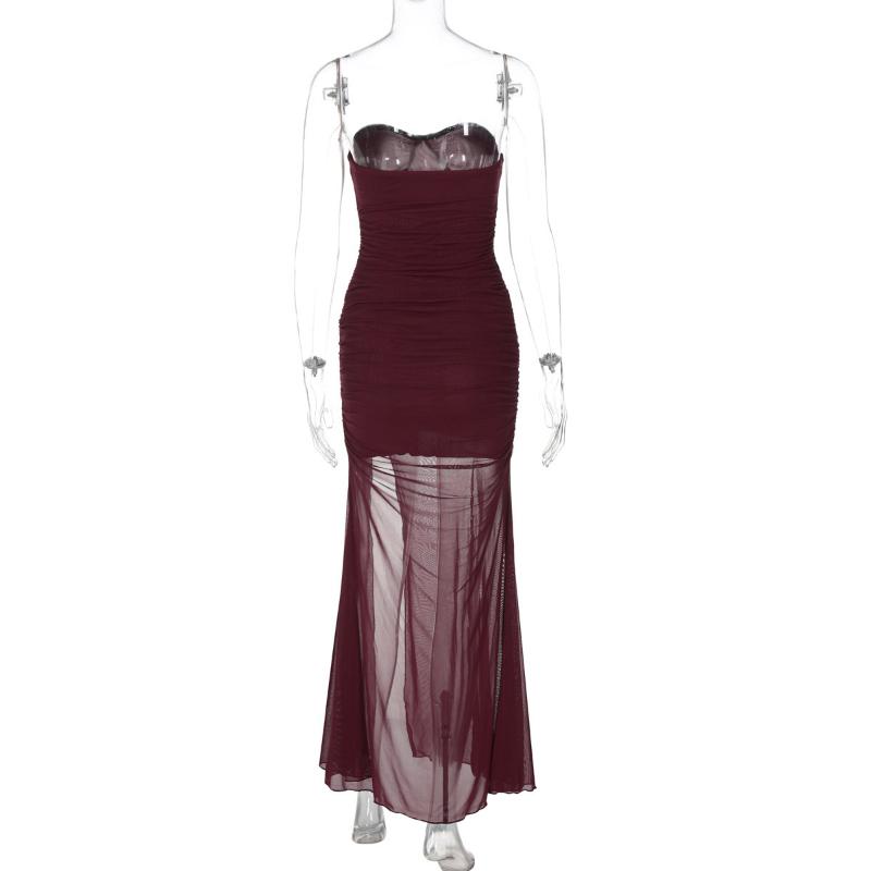 European and American Sexy Mesh Patchwork Slit Strapless Fashionable Slim Fit Dress for Women
