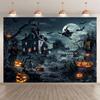 pc 2D flat Halloween party backdrop - horror castle, witch, bat, graveyard and pumpkin design, no power required——sjs