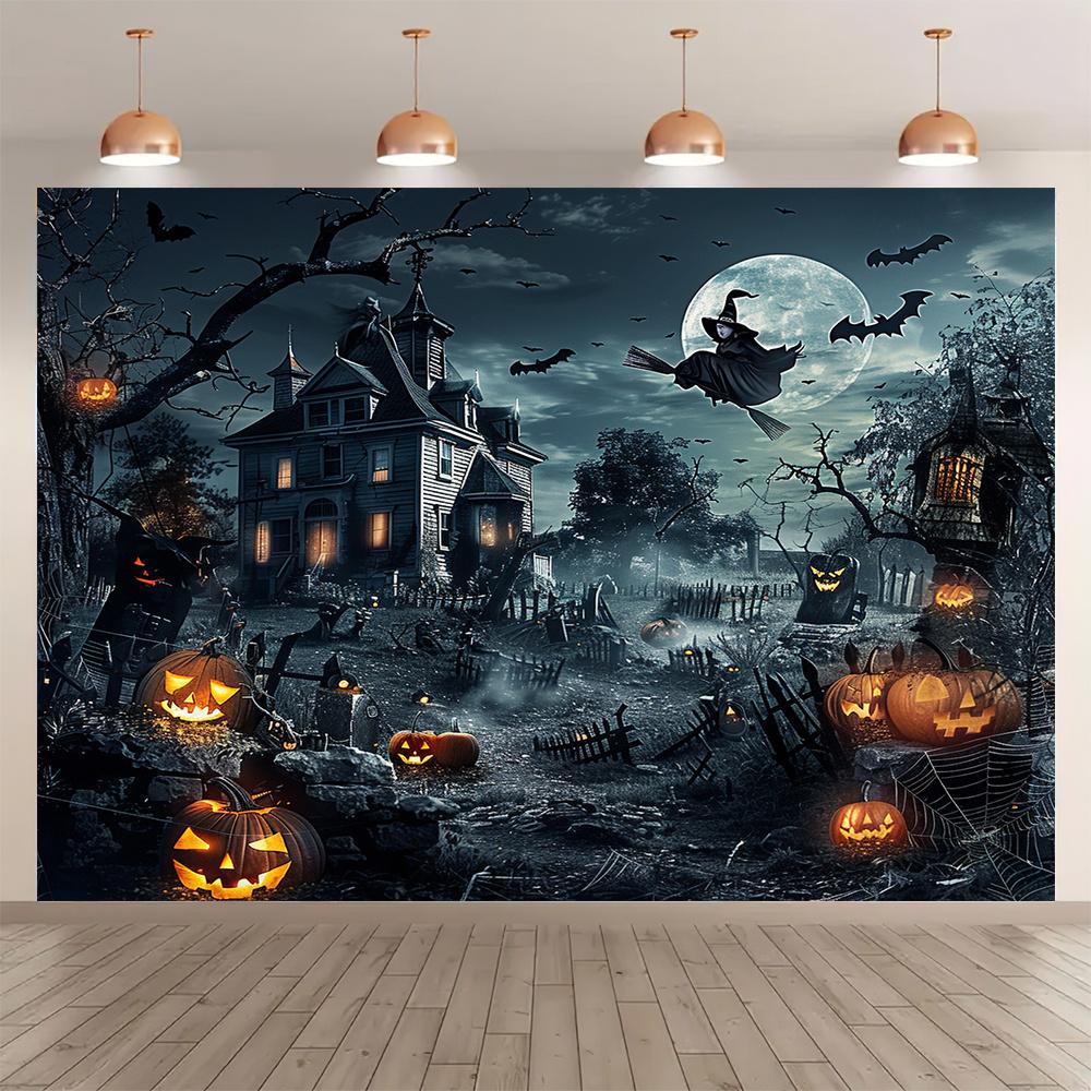 pc 2D flat Halloween party backdrop - horror castle, witch, bat, graveyard and pumpkin design, no power required——sjs