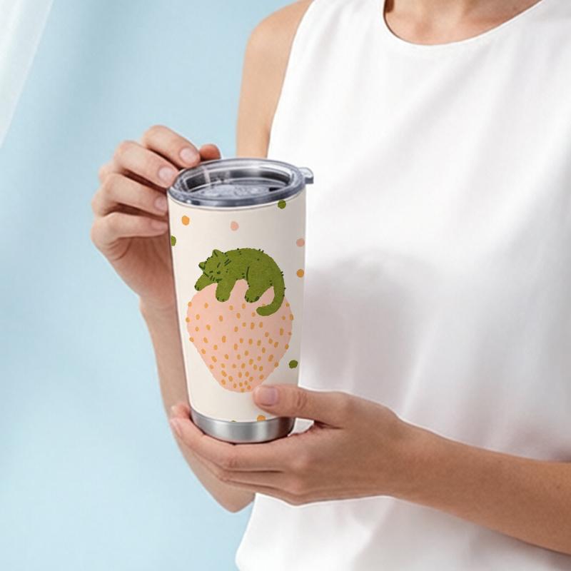 Car Tumbler 591ml Strawberry Matcha Cat Element Straw Cup Insulated Travel Cup Stainless Steel Tumbler Straight Tumbler Gift Cup Car Tumbler 591ml зелёный/розовый