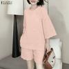ZANZEA Women Short Sleeve Blouse and Shorts Summer Two Piece Suit Sets