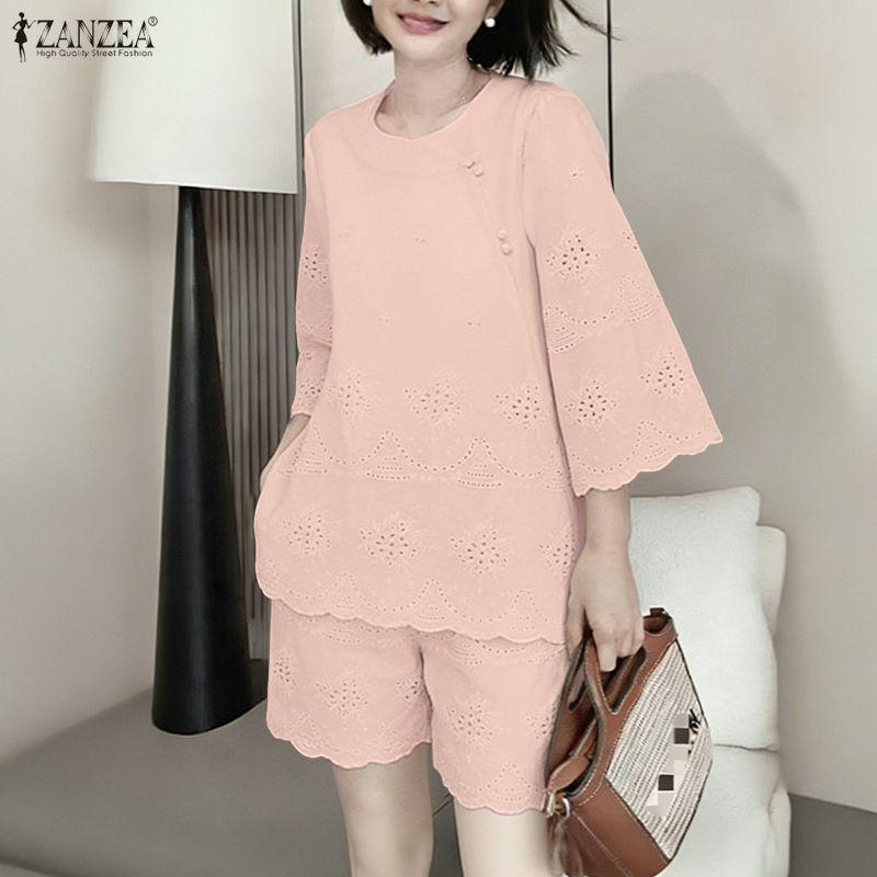 ZANZEA Women Short Sleeve Blouse and Shorts Summer Two Piece Suit Sets