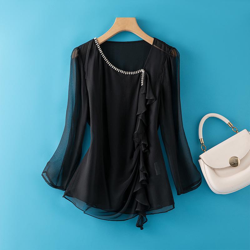 Women s Silk Beaded Ruffled Square Neck Top M чёрный