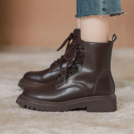 Martin boots women's British style 2025 new autumn and winter velvet popular locomotive single boots brown coffee thick-soled foreign gas short boots