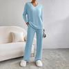 Women's 2024 Autumn V-Neck Rib-Knit Set with Casual Straight-Leg Pants In Macaron Colors