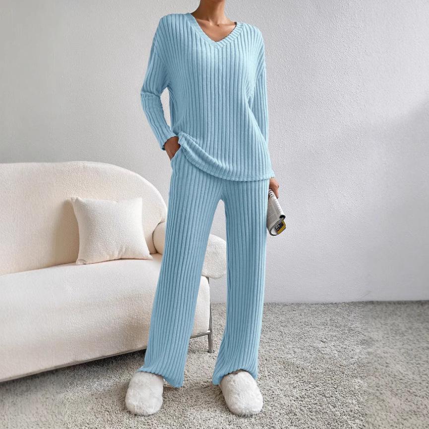 Women's 2024 Autumn V-Neck Rib-Knit Set with Casual Straight-Leg Pants In Macaron Colors