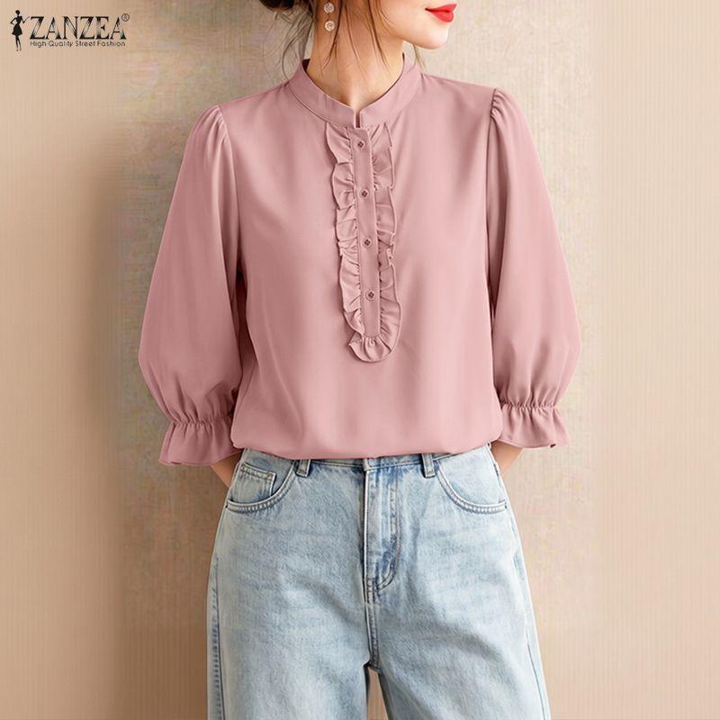 ZANZEA Women Casual Stand Collar Solid Color Loose 3/4 Sleeve Blouse