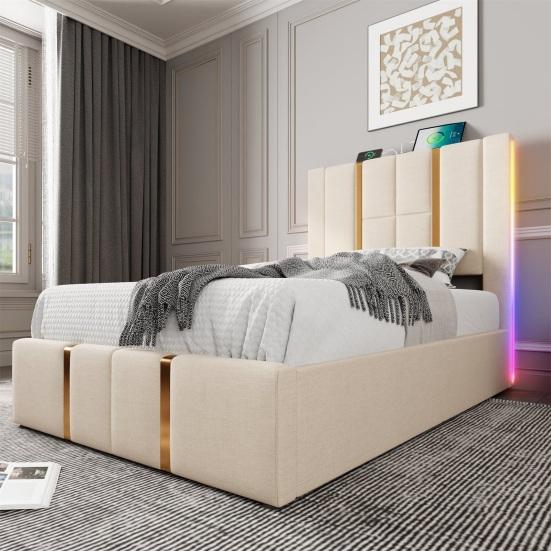Double Bed Linen Cover Charging Function with Storage Space Mattress Headboard Soft App Control Strong Wood Slat Support Bedroom Furniture LED Light