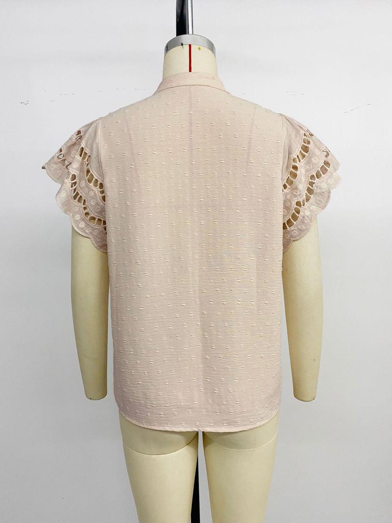 European Retro Sweet Hollow Lace Ruffle Sleeve Stand Collar Solid Color Women's Summer Shirt