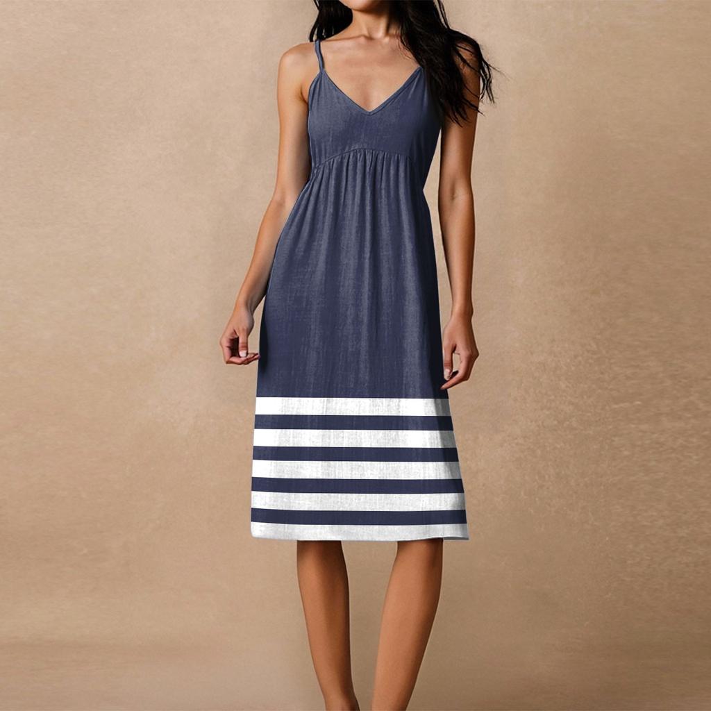 Women's Spaghetti Strap Backless Bow Loose Casual Beach Vacation Striped Printed Dress Sundress
