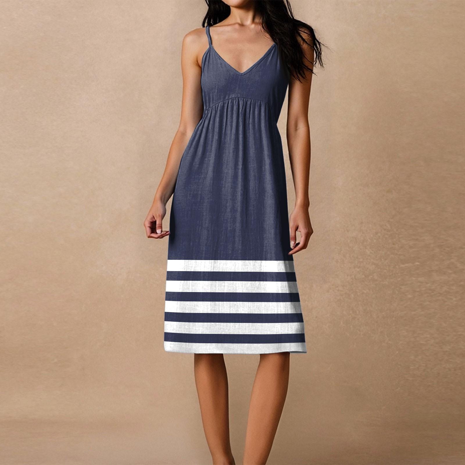 

Женское платье на тонких бретельках, без спинки, с бантом, свободное, повседневное, пляжное, для отпуска, в полоску, с принтом, сарафан M тёмно-синий