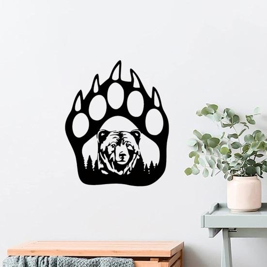 Farmhouse Style Wall Art Metal Hollow Out Bear Art, Rustic Forest Landscape Hanging Sculpture with Paw Handmade Wooden Decoration Prints,