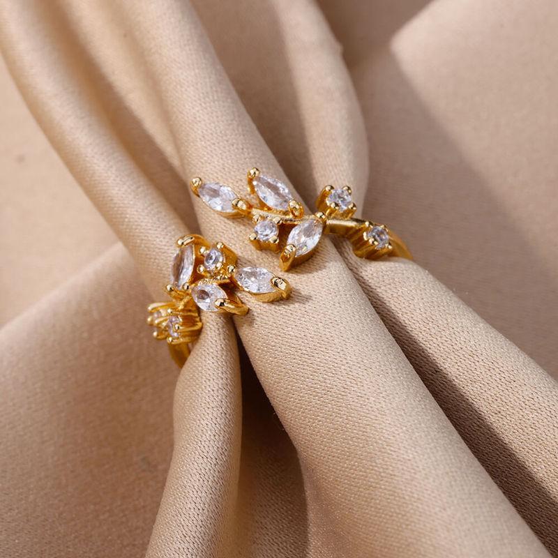Zircon Leaves Open Rings For Women Gold Color Stainless Steel Leaf Ring Wedding Aesthetic Jewerly Gift