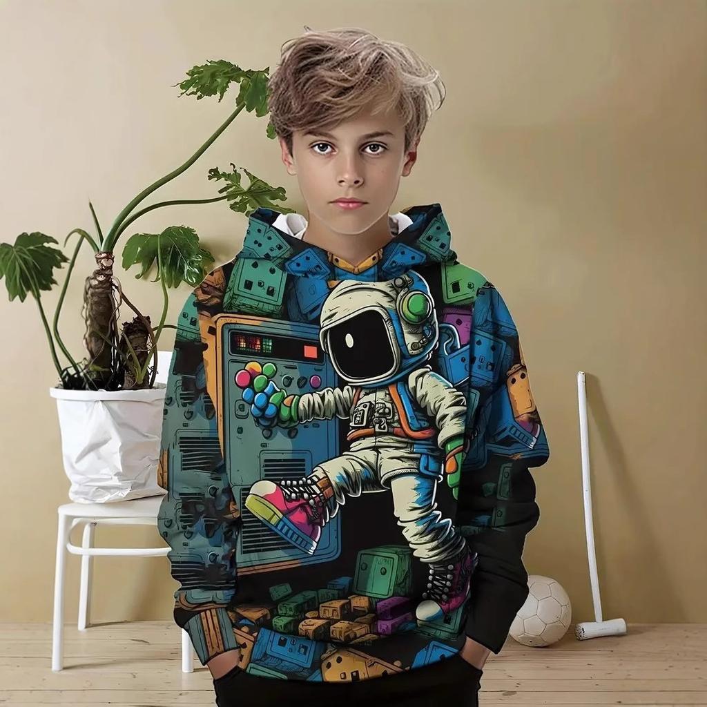Autumn 3D Game Consoles & Astronaut Printed Hoodies Fashionable Casual Sports Long Sleeved Children's Boy Hooded Sweatshirts
