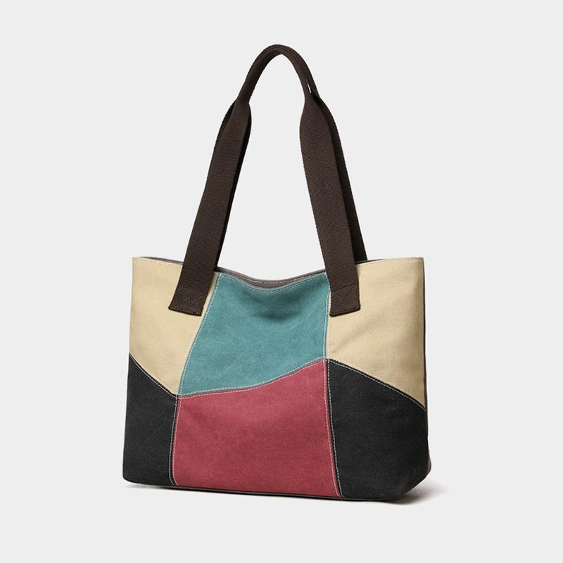 Yogodlns New Spliced Canvas Women's Shoulder Bag Large-capacity Portable Messenger Bag Casual Ethnic Style Contrasting Color Bag