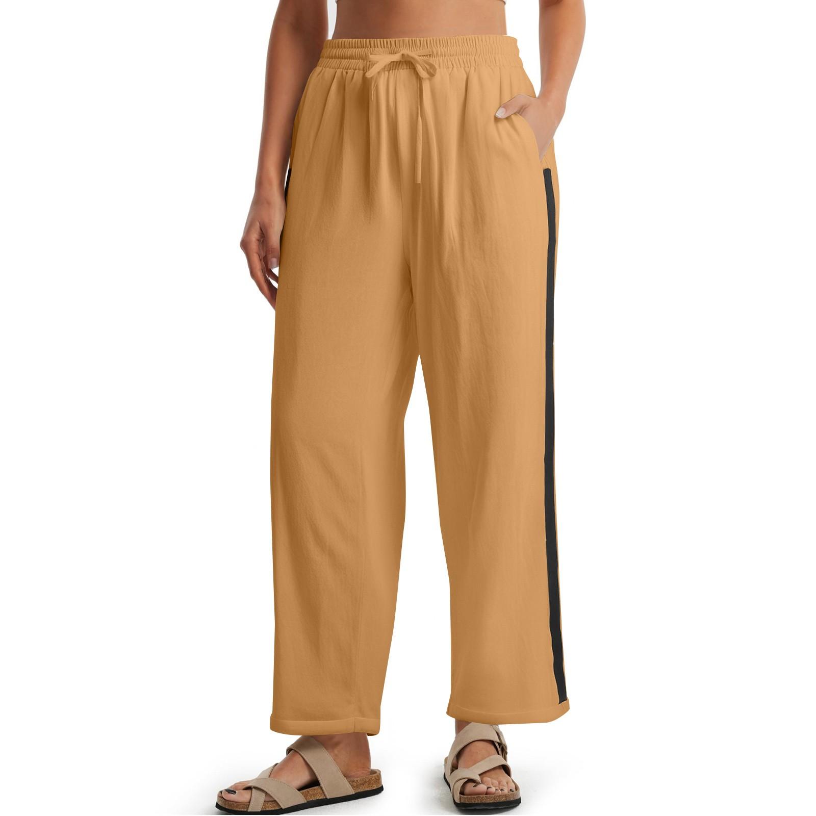 

Женские брюки с высокой талией и регулируемым узлом из струящегося хлопка и льна, широкие брюки XL жёлтый