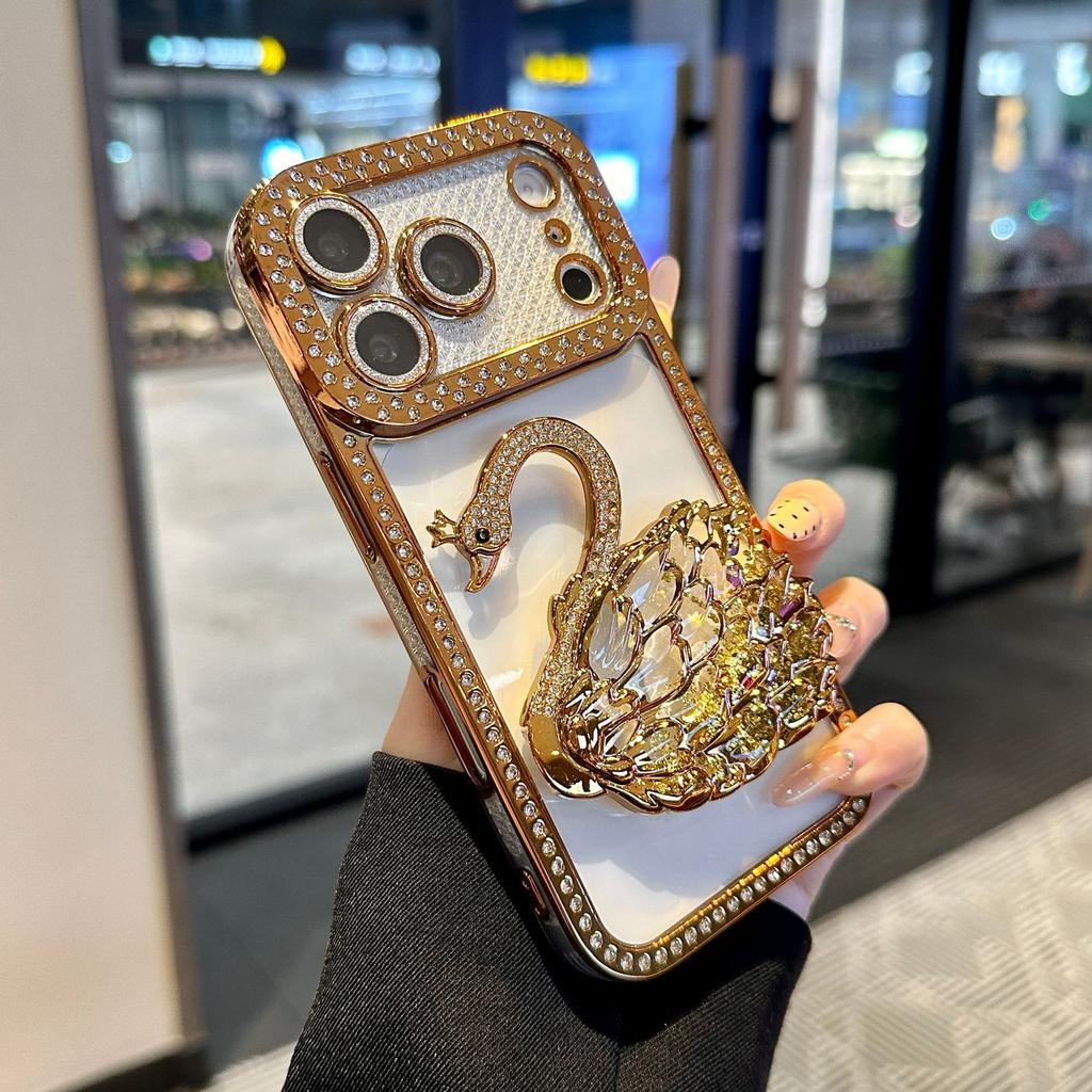 17PRO/17AIR Diamond-encrusted Electroplating Shell + Swan Quicksand Bracket for 17PROMAX Mobile Phone Case Luxury Cartoon