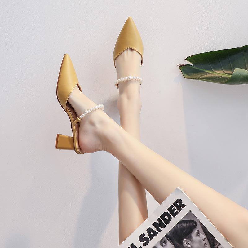 6009-3 Bow-tie cool slippers women's summer 2025 French medium heel high heel two wear bag head half tray