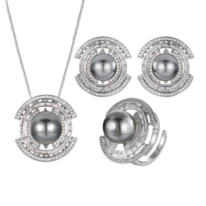 Accessories Set Earrings Necklace Ring Imitation Pearl Platinum Grey Beads Women'S High Sense Elegance