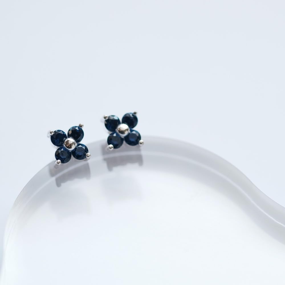 Fleur Flower September Birthstone Sapphire Earrings in Sterling Silver Gift Box Cloud-jewelry (925) [Wooden Included] FCE-1S