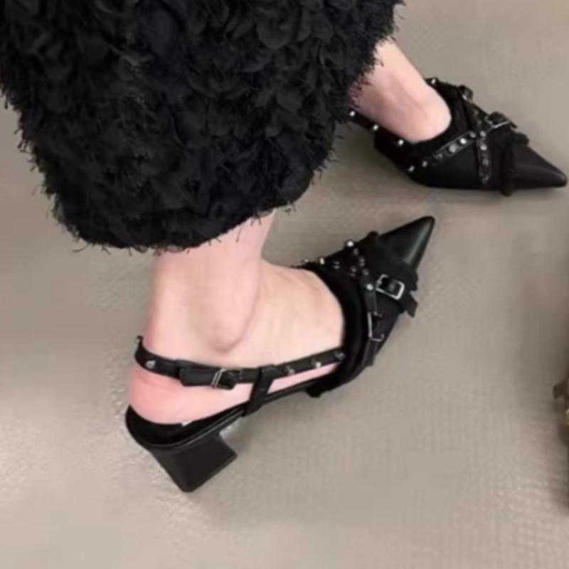 Fashion Fashion Buckle Strap Med Heel Sandals for Women 2024 New Hot Sale Pointed Toe Ladies Shoes Hoof Heels Shallow Pu Women's Sandals