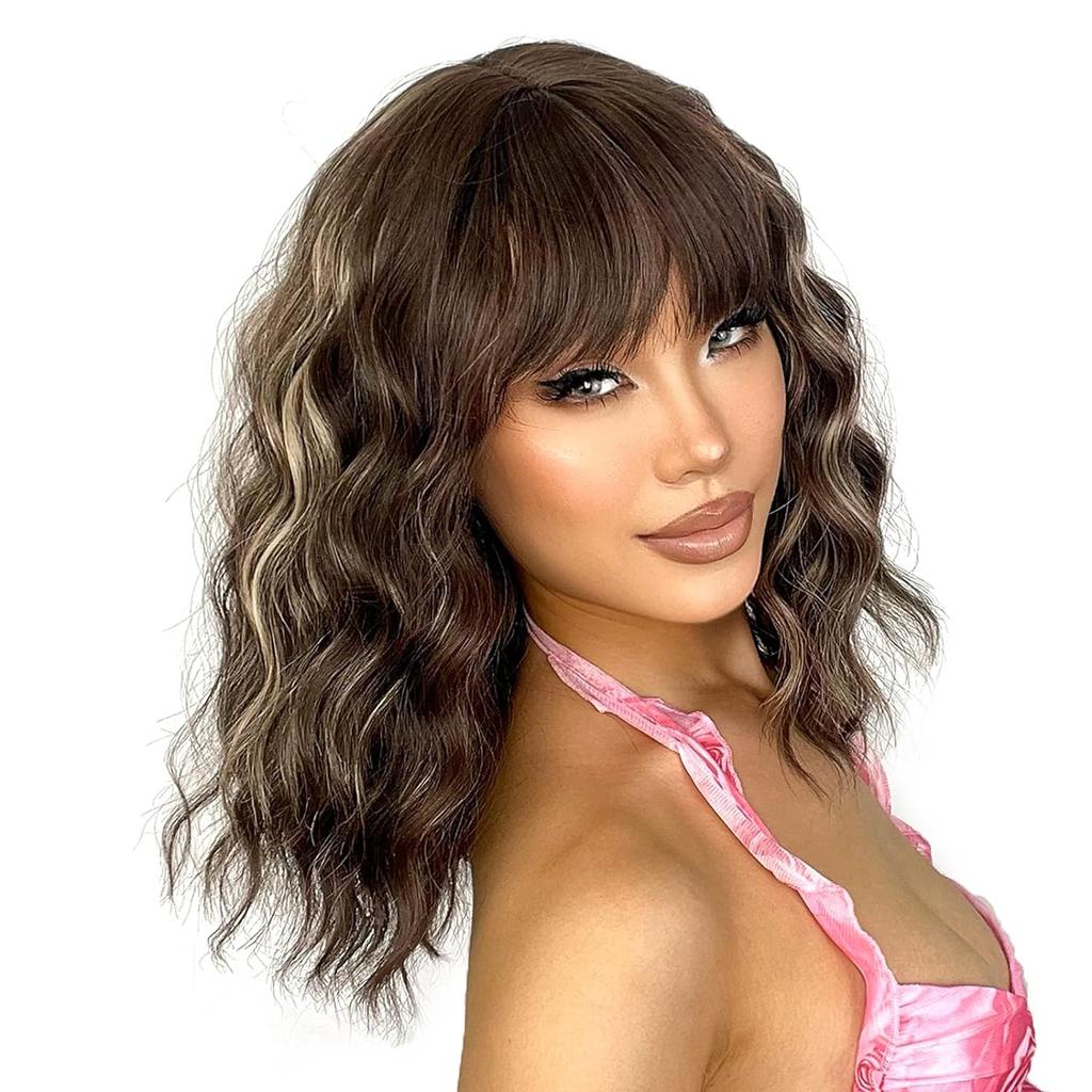 Short Pink Wigs for Women Short Wavy Light Pink Wigs with Bangs