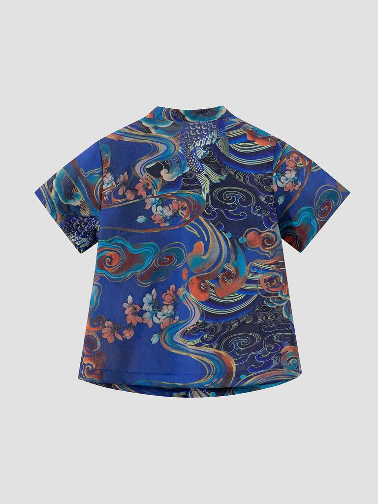 Trendy Summer Retro Chinese Stand-Collar Shirt with Frog Button Print for Boys