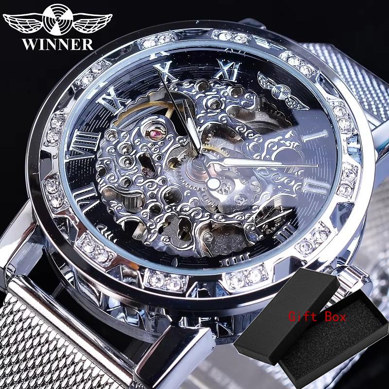 Winner Top Brand Golden Watches Men Skeleton Mechanical Watch Crystal Mesh Slim Stainless Steel Band Luxury Hand Wind Wristwatch
