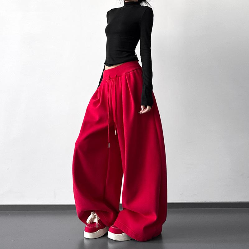 Women s Red Velvet-Lined Sports Sweatpants - Autumn/Winter 2025 Collection, Casual Floor-Length Wide Leg Cuffed Pants M