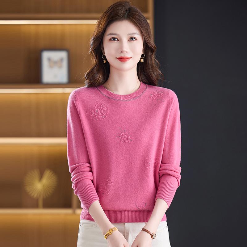 Autumn/Winter 100% Pure Wool Sweater for Mature Women - Knitted Base Layer with Stylish Embroidered Half-High Neck