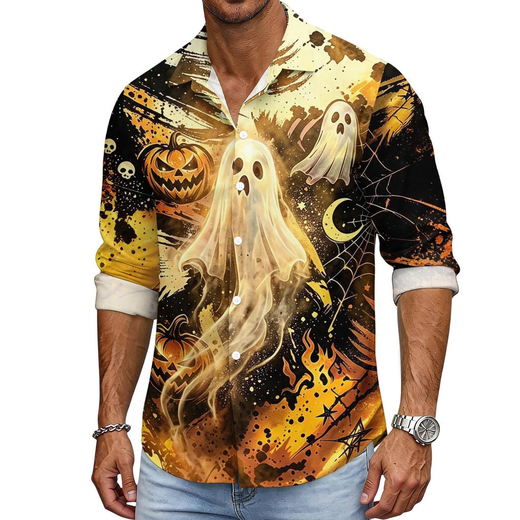 Men's Halloween Long Sleeve Button Down Shirt with Collar Casual for Holiday Parties
