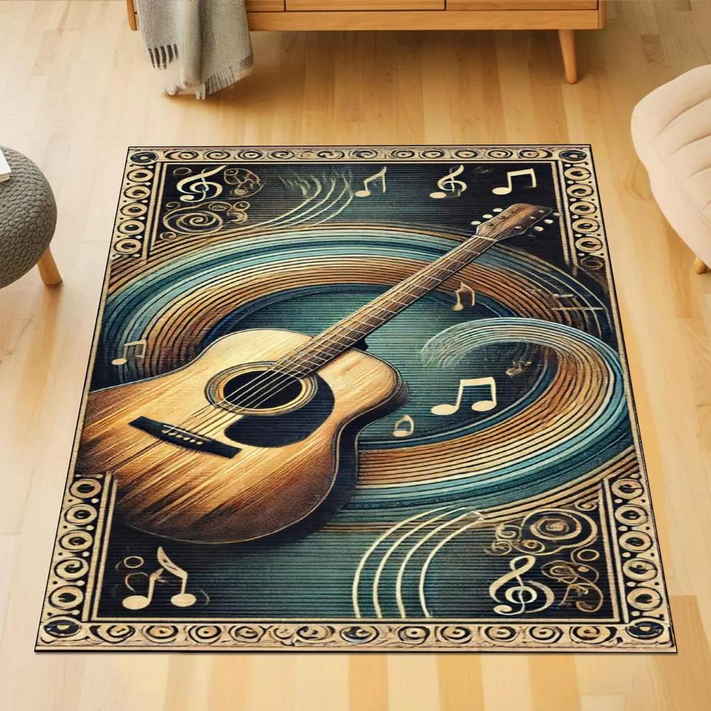 Black Gold Art Deco Guitar Print Area Rug Geometric Line Art Floor Mat for Music Lovers