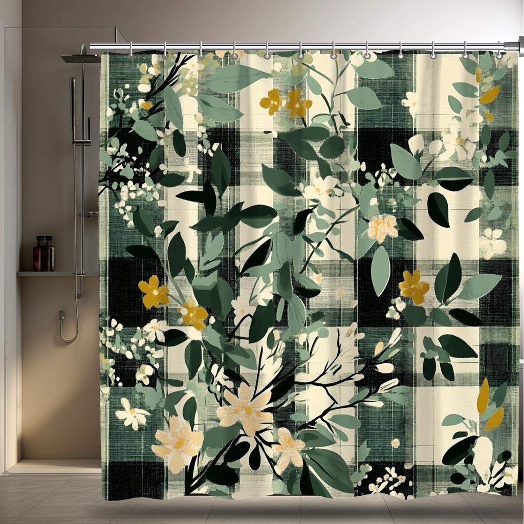 1pcs Creative Checkerboard Digital Printed Shower Curtain, Four Seasons Bathroom Decoration, Fashionable Floral and PlaidPattern