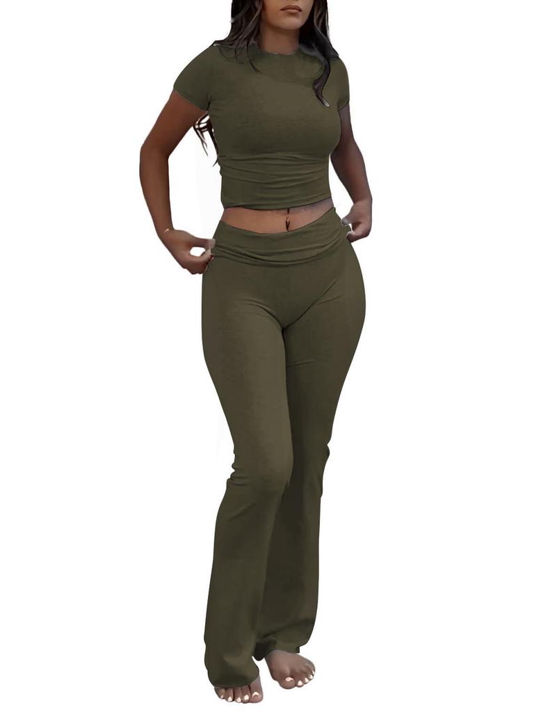 Women's Casual Workout Two-piece Set - Round Neck T-shirt & Low-waisted Flared Pants