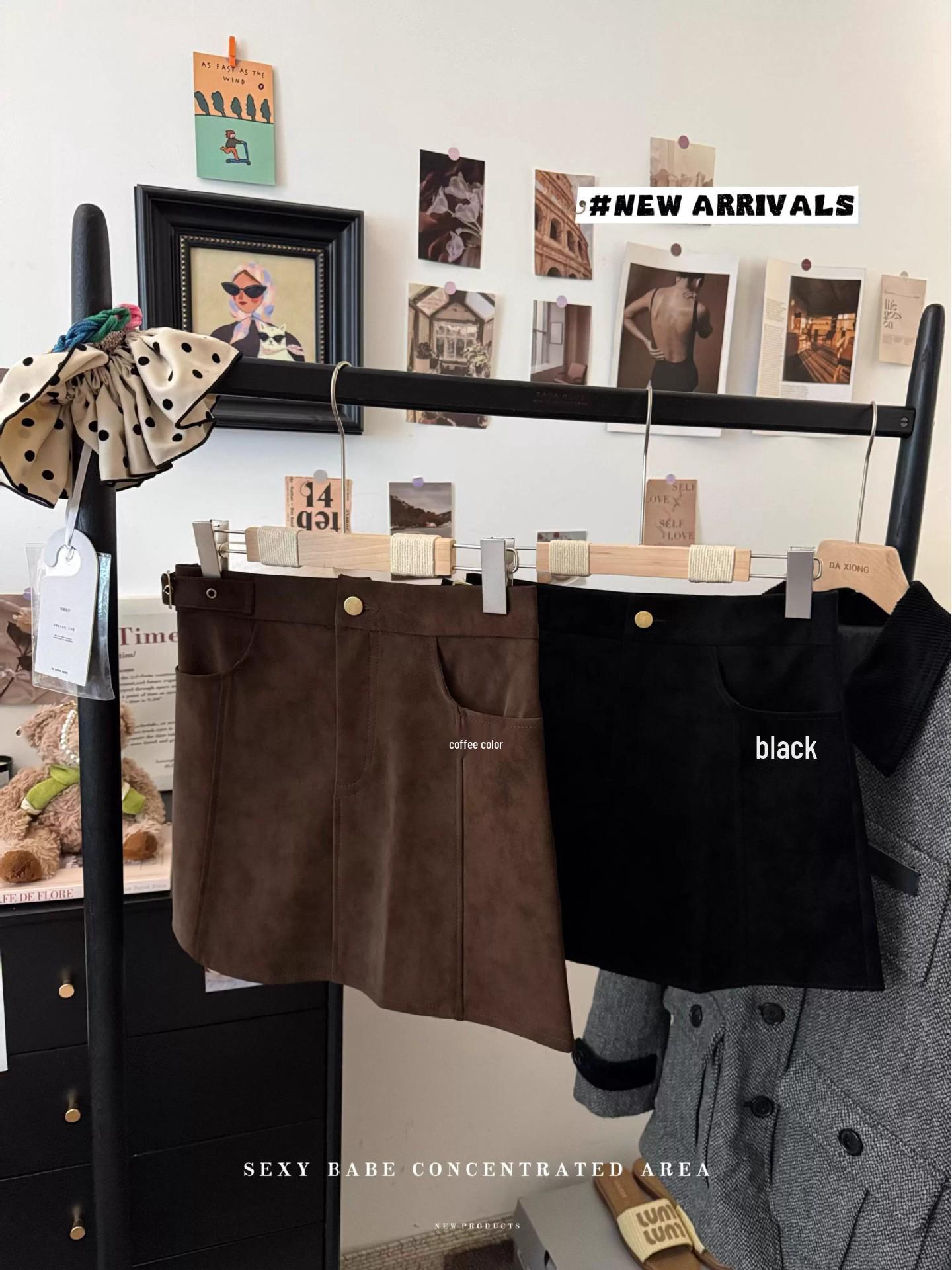 Korean Retro High-Waisted Spicy Suede Bodycon Skirt for Women M